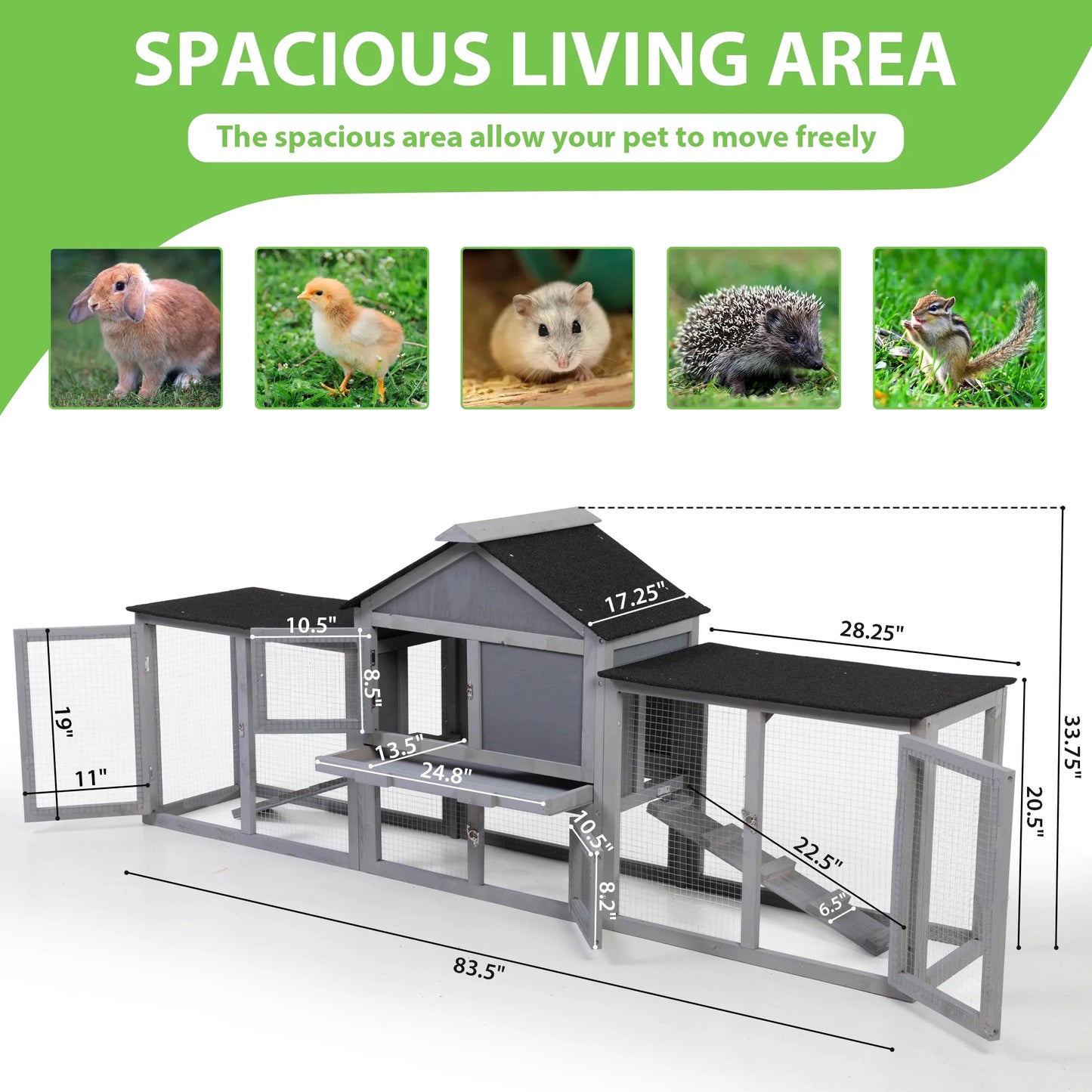 83" Large Gray Wooden Outdoor Hen House with Tray and Climb Ramp, Chicken Coop/Nesting Box/Ducks/Rabbits