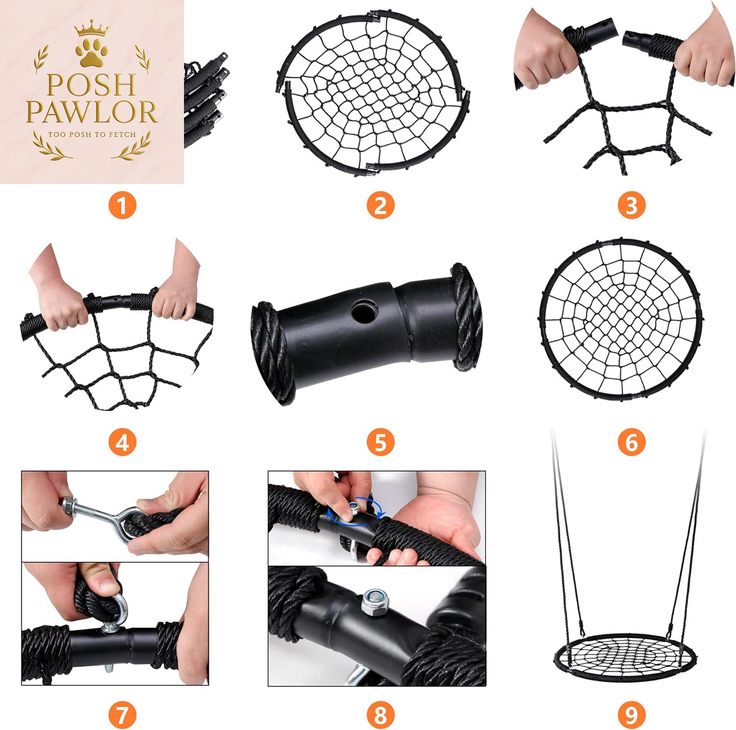 40'' Spider Web Tree Swing round Net Swing Platform Rope Swing Set for Kids Adult, 71" Detachable Nylon Rope with Swivel for Outdoor Backyard, Max 660 Lbs Extra Safe Steel Frame, Black