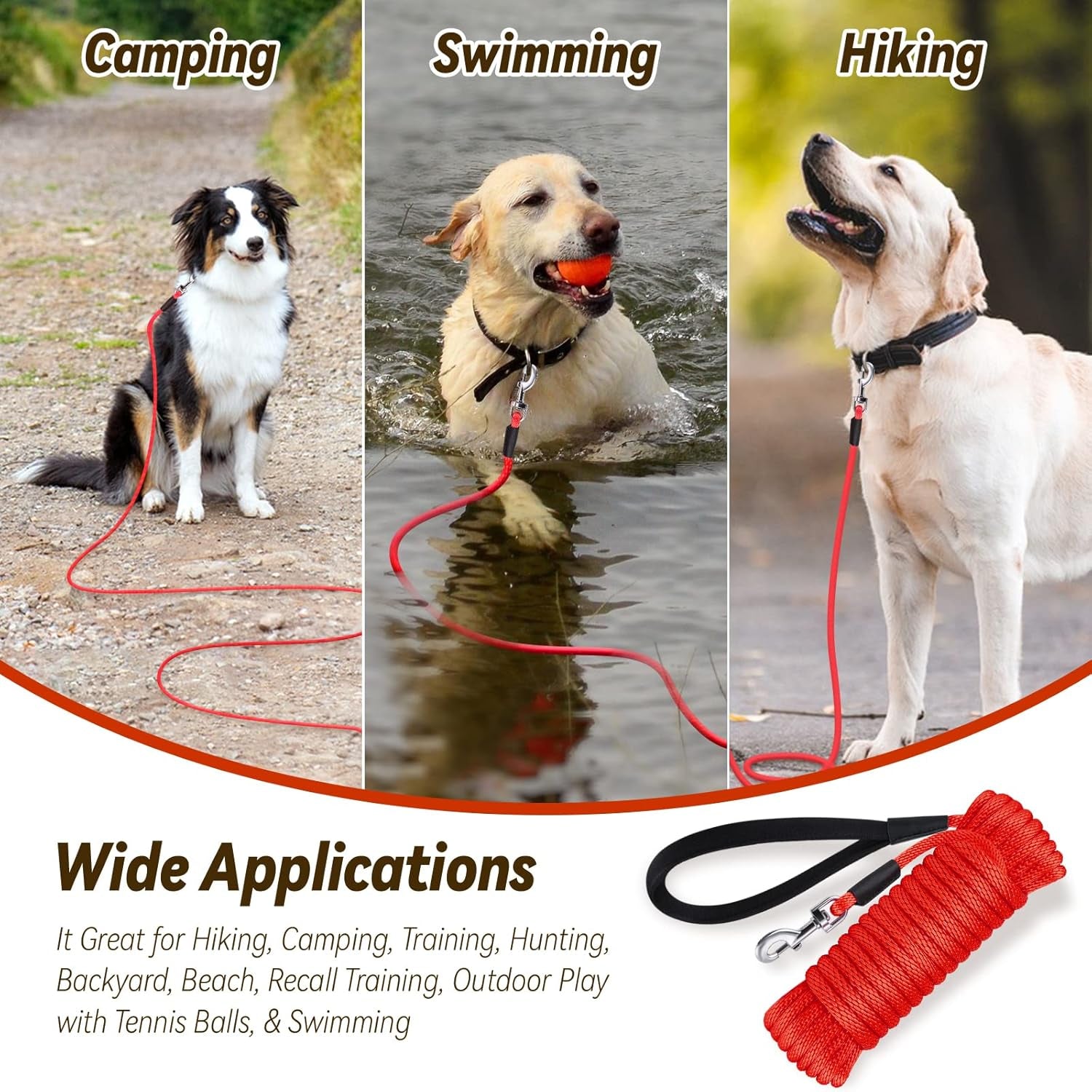Check Cord Dog Leash Long Lead Training Tracking Line Comfortable Handle Heavy Duty Puppy Rope 10Ft 15Ft 30Ft 50Ft for Small Medium Large Dog