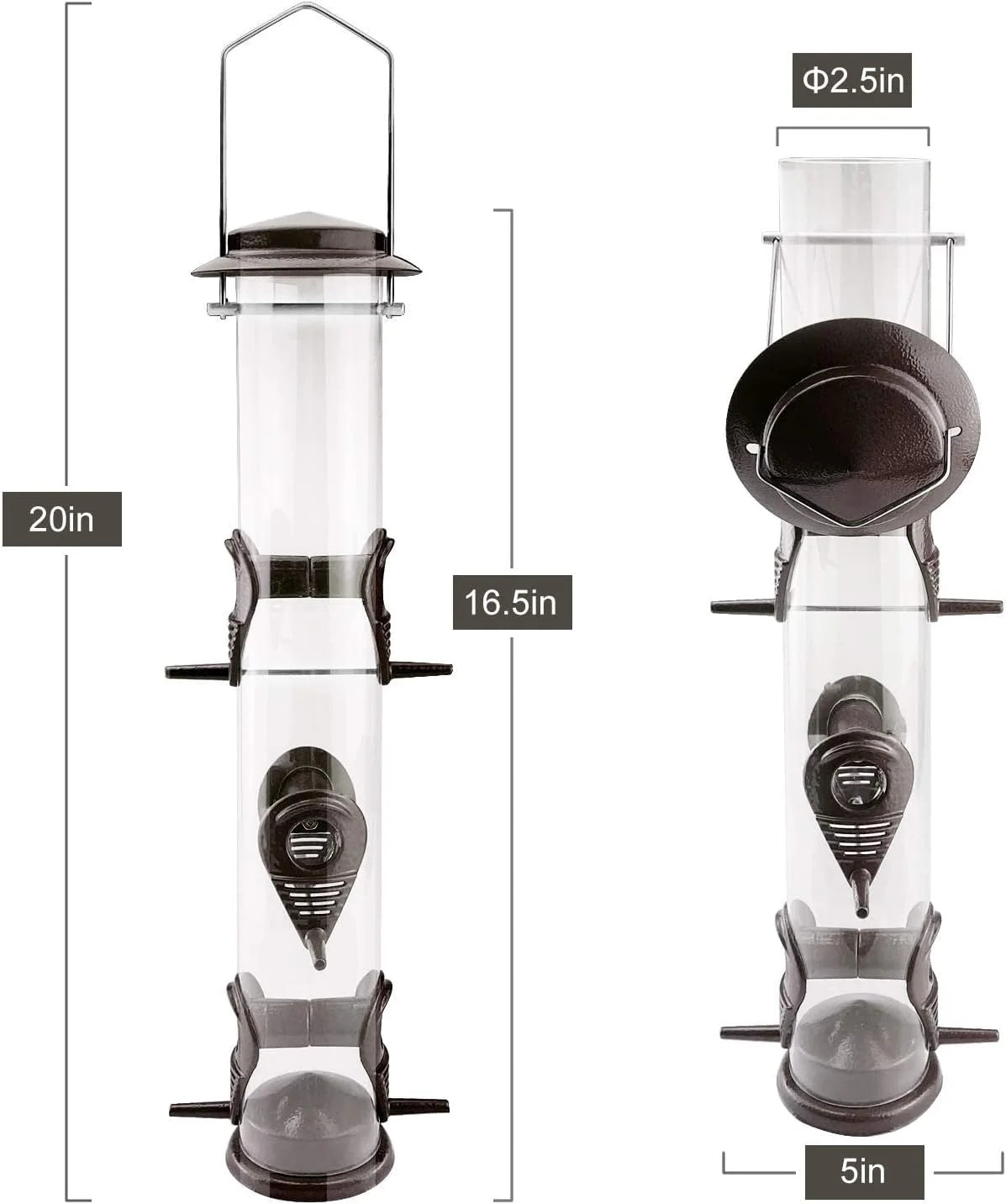 Wild Bird Feeders for Outdoors Hanging, Metal Tube Feeder, 6 Feeding Ports, Coffee - 1 Pack
