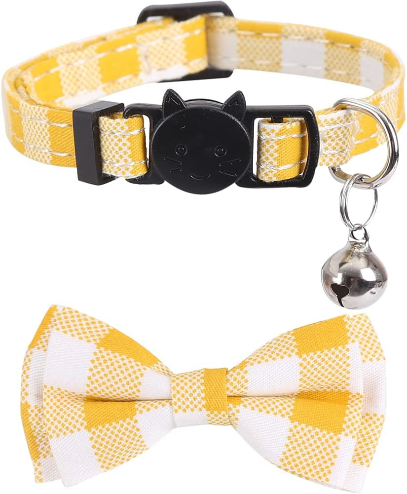 2 Pack/Set Cat Collar Breakaway with Cute Bow Tie and Bell Plaid Flower for Kitty Adjustable Safety