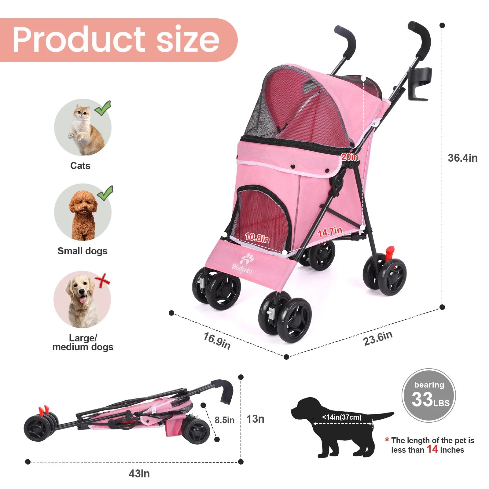 4 Wheel Pet Dog Stroller Foldable Carrier Strolling Cart for Small Medium Dog Cat,Pink