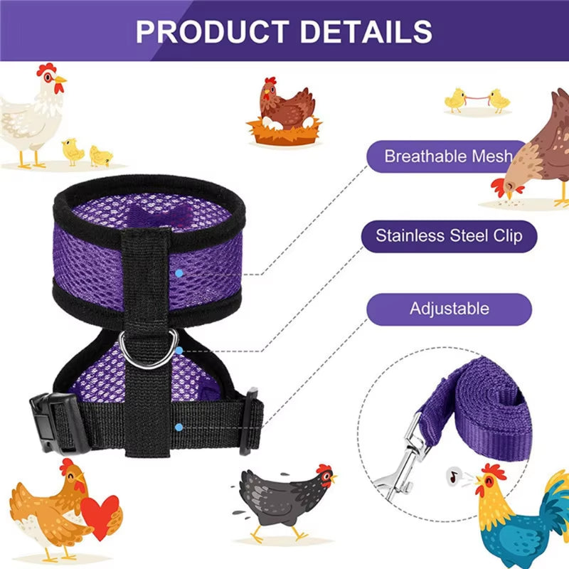 Adjustable Chicken Harness with Leash Comfortable Hen Vest Breathable Harness and Leash for Duck Goose Roosters Training