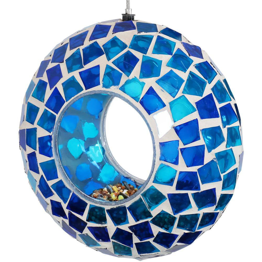 6 In. Blue Mosaic Fly-Through Hanging Outdoor Bird Feeder