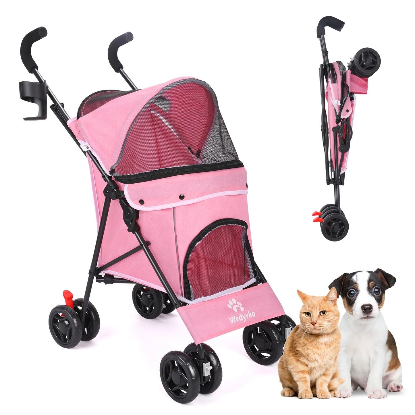 4 Wheel Pet Dog Stroller Foldable Carrier Strolling Cart for Small Medium Dog Cat,Pink