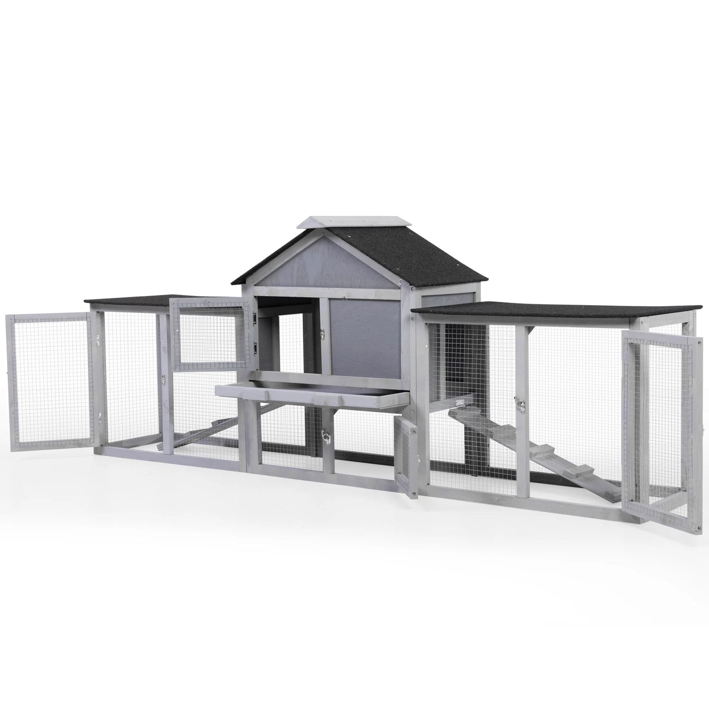 83" Large Gray Wooden Outdoor Hen House with Tray and Climb Ramp, Chicken Coop/Nesting Box/Ducks/Rabbits