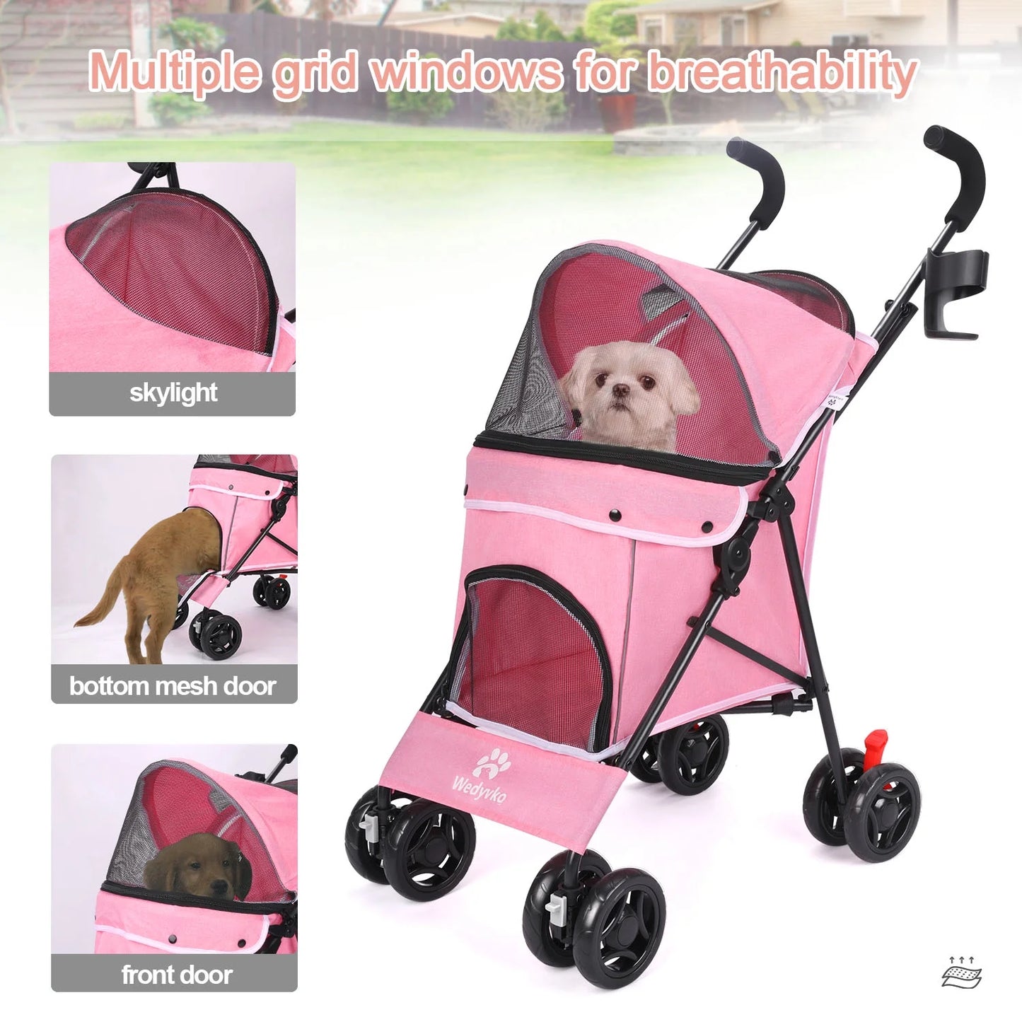 4 Wheel Pet Dog Stroller Foldable Carrier Strolling Cart for Small Medium Dog Cat,Pink