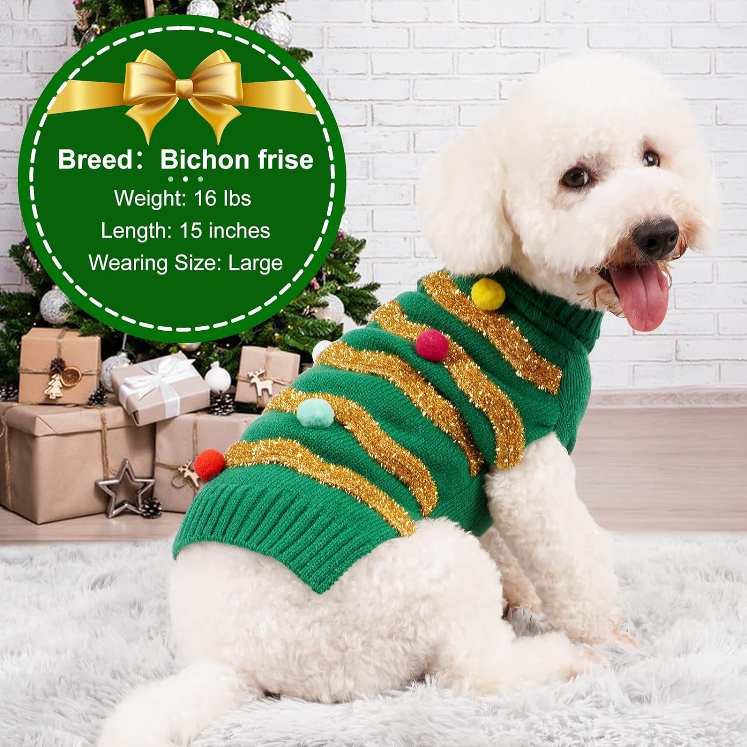 Dog Christmas Sweater Sparkly Holiday Dog Xmas Sweaters Turtleneck Puppy Winter Clothes for Small Dogs & Cats Apparel