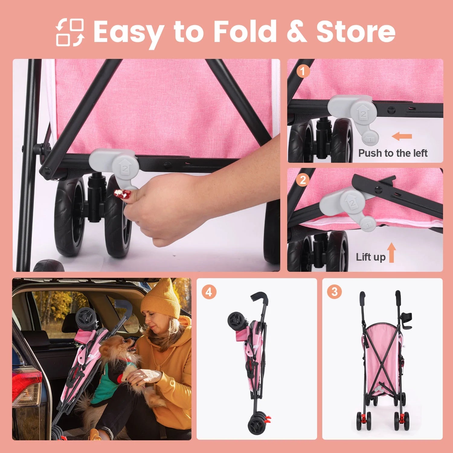 4 Wheel Pet Dog Stroller Foldable Carrier Strolling Cart for Small Medium Dog Cat,Pink