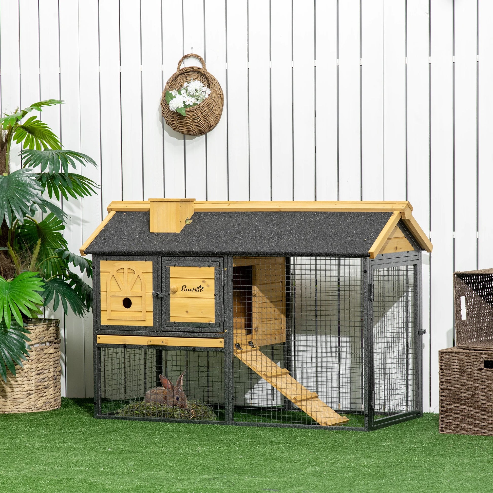 Wooden Rabbit Hutch Outdoor with Run, Bunny Cage with Removable Tray
