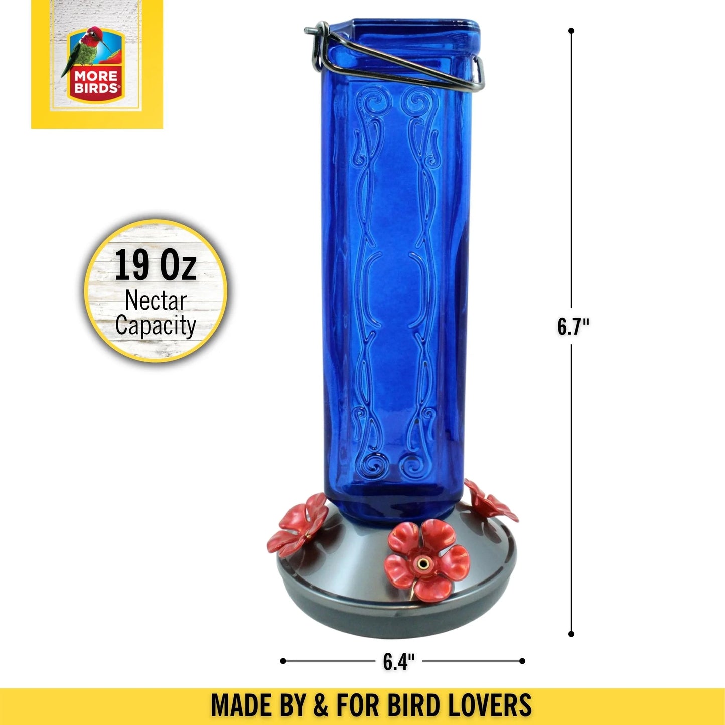 (2 Pack)  Kristina Blue Glass Hummingbird Feeder, 19 Oz Capacity