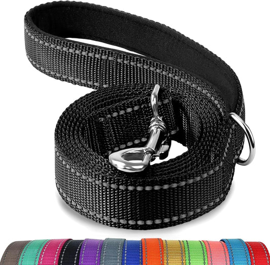 Double-Sided Reflective Dog Leash, 6 FT/5 FT/4 FT, Padded Handle Nylon Heavy Duty Leashes for Small & Medium Dogs Walking, Black, 5FT