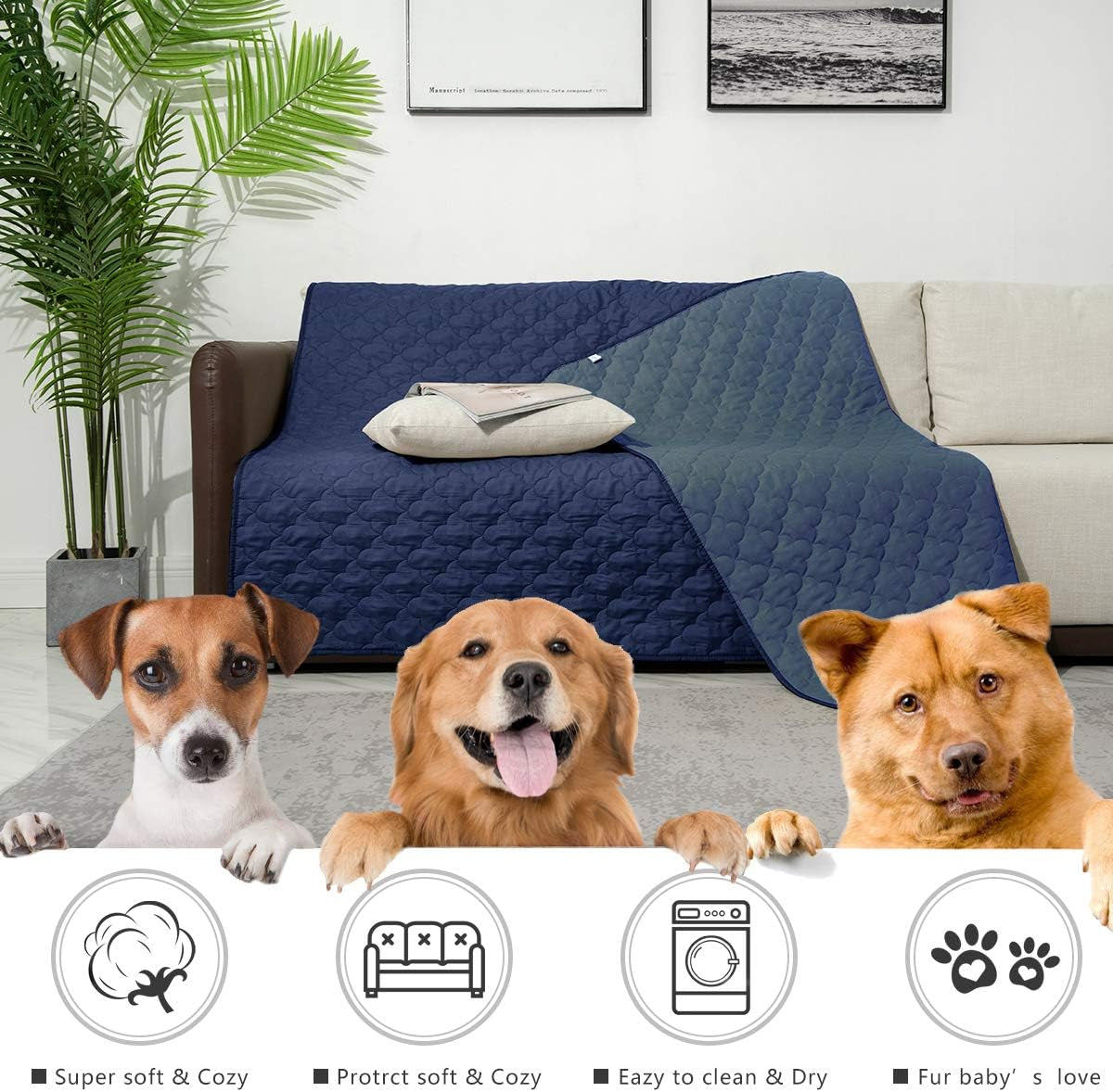 Dog Bed Cover Washable Pee Pads Dog Blankets for Puppy Large Dog Cat,Sofa Reversible Changing Pad Reusable 1 Piece（52"X82",Navy+Stoneblue）