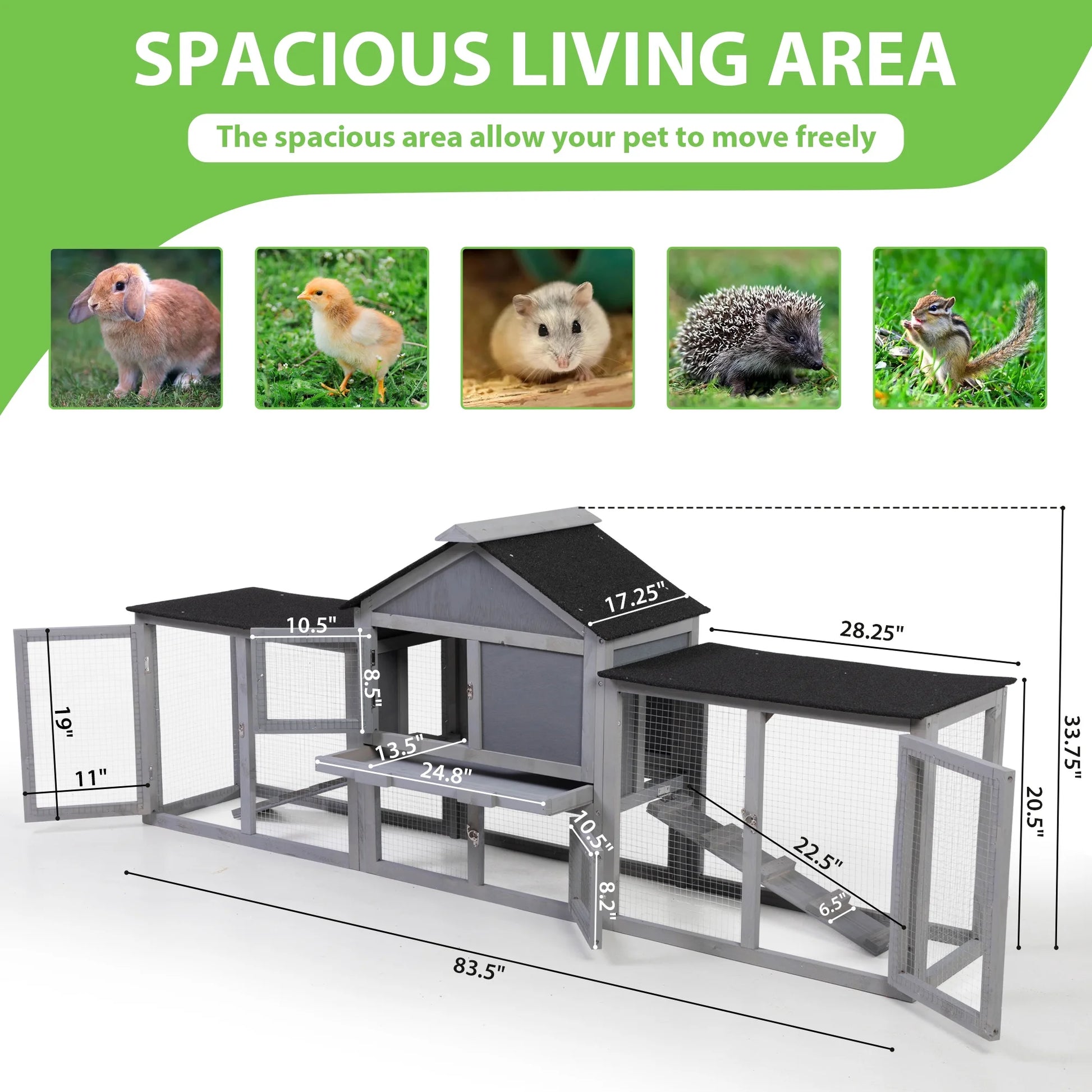 83" Large Gray Wooden Outdoor Hen House with Tray and Climb Ramp, Chicken Coop/Nesting Box/Ducks/Rabbits