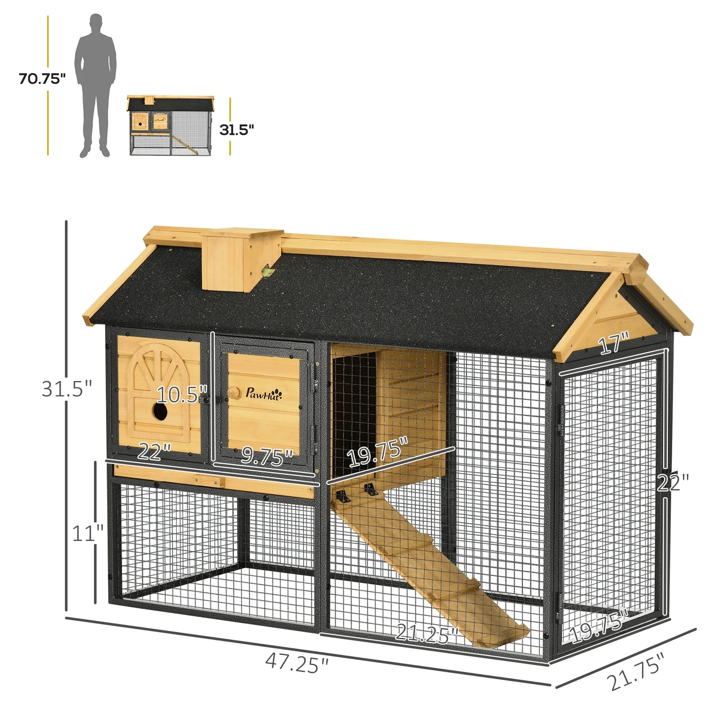 Wooden Rabbit Hutch Outdoor with Run, Bunny Cage with Removable Tray