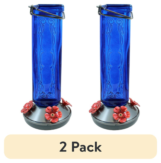 (2 Pack)  Kristina Blue Glass Hummingbird Feeder, 19 Oz Capacity