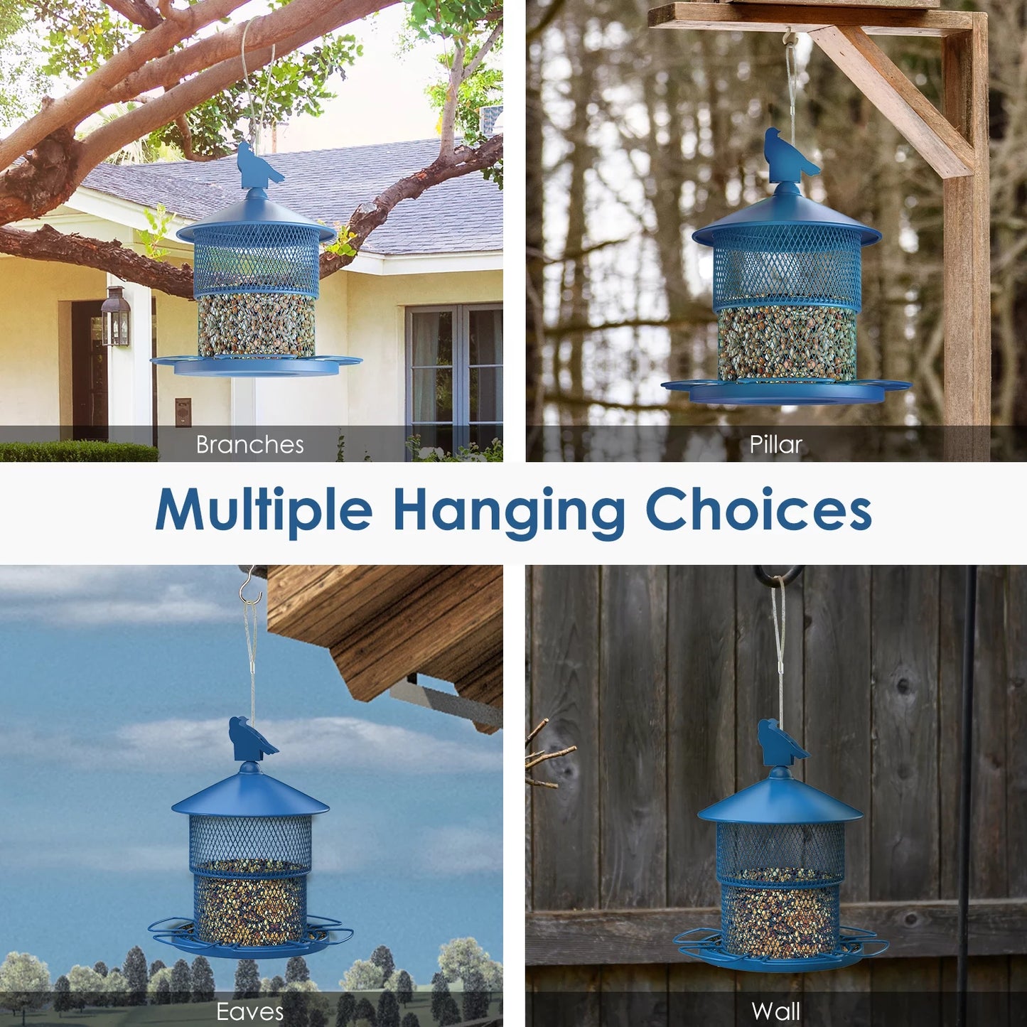 Outdoor Metal Wild Birds Feeder, Retractable Hanging Bird Seed Feeder with 360 Degrees Feeding & Perches, for Garden, Backyard, Terrace, 4Lb Capacity