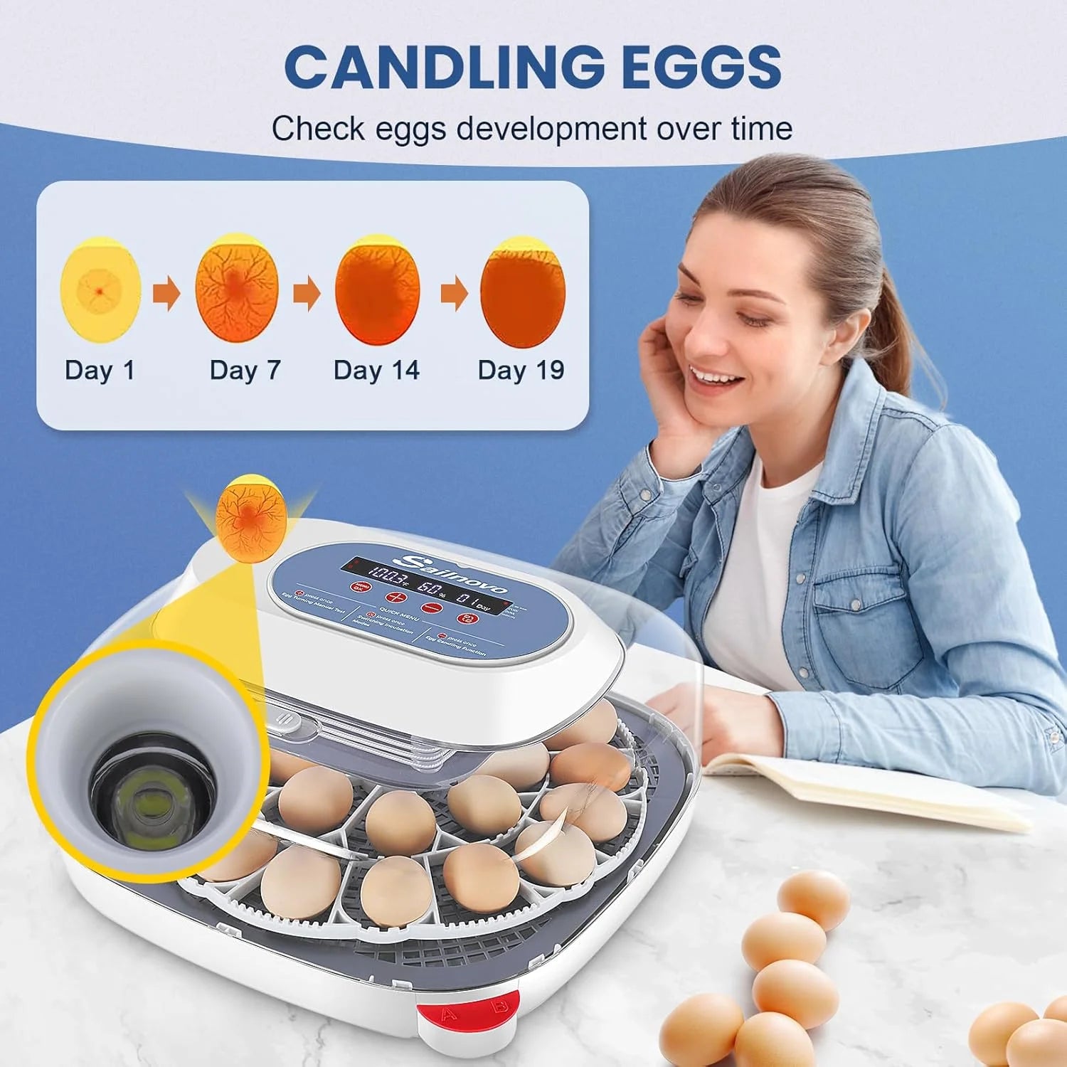 Automatic 24 Chicken Egg Incubator with LED Display, Egg Candler, Automatic Egg Turner, Temperature Control Digital Incubator for Hatching Chickens