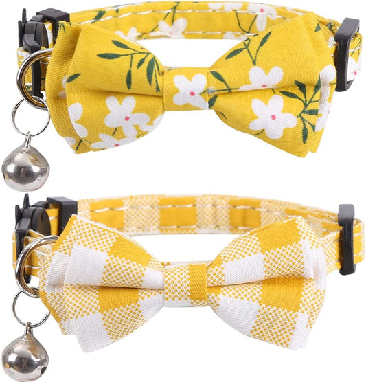 2 Pack/Set Cat Collar Breakaway with Cute Bow Tie and Bell Plaid Flower for Kitty Adjustable Safety