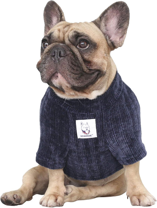 Pet Dog Winter Warm Sweater Clothes Turtleneck for French Bulldog Pug Boston Terrier Corduroy Cold Weather Pullover Coat Shirt - Blue/Large