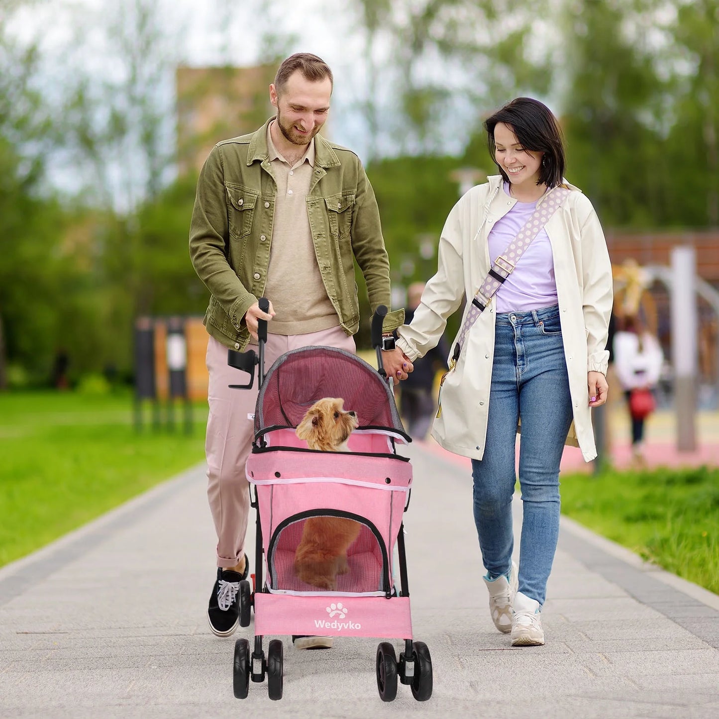 4 Wheel Pet Dog Stroller Foldable Carrier Strolling Cart for Small Medium Dog Cat,Pink