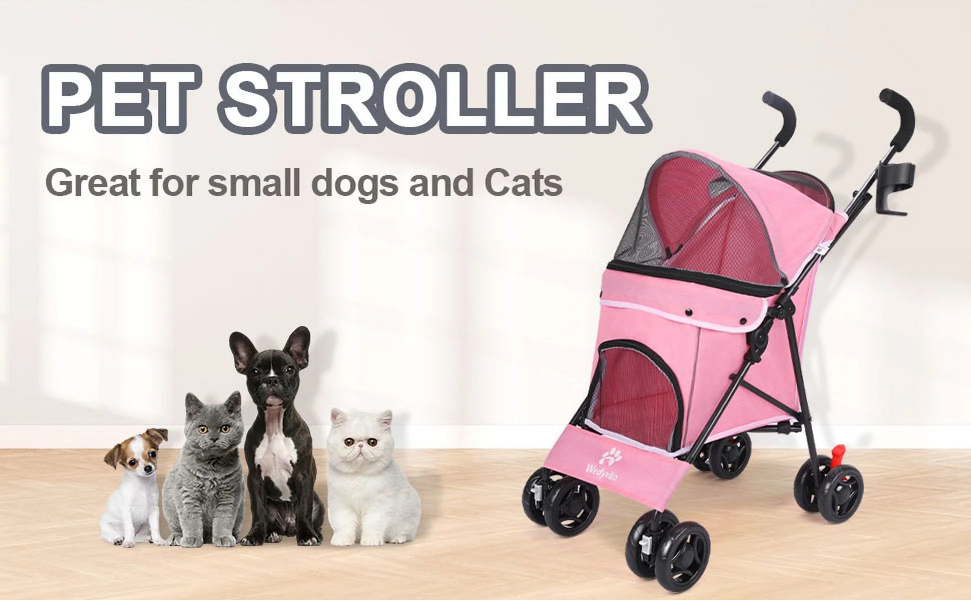 4 Wheel Pet Dog Stroller Foldable Carrier Strolling Cart for Small Medium Dog Cat,Pink