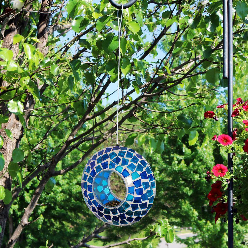 6 In. Blue Mosaic Fly-Through Hanging Outdoor Bird Feeder
