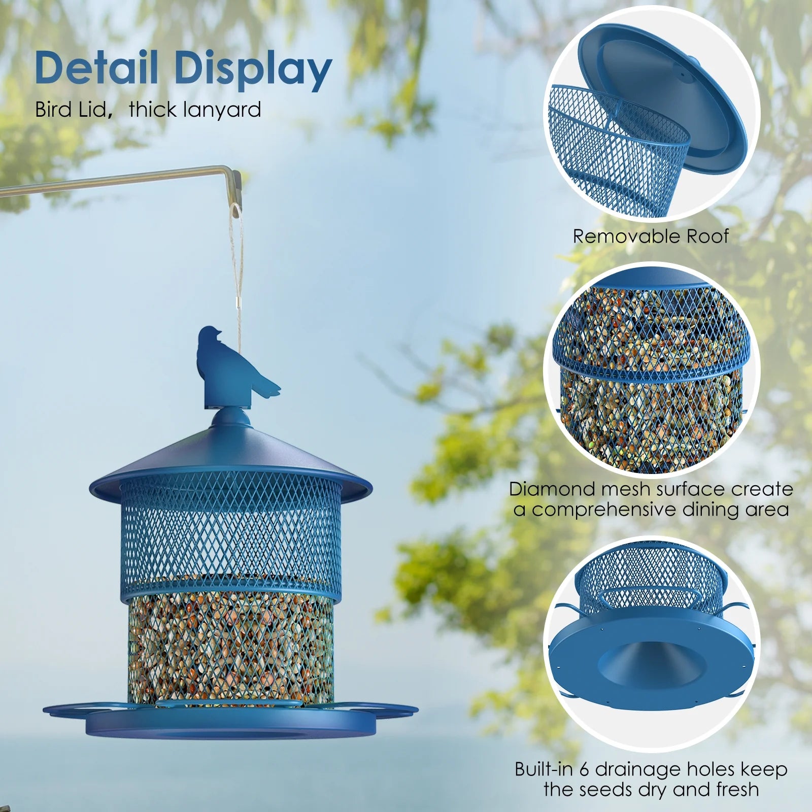Outdoor Metal Wild Birds Feeder, Retractable Hanging Bird Seed Feeder with 360 Degrees Feeding & Perches, for Garden, Backyard, Terrace, 4Lb Capacity