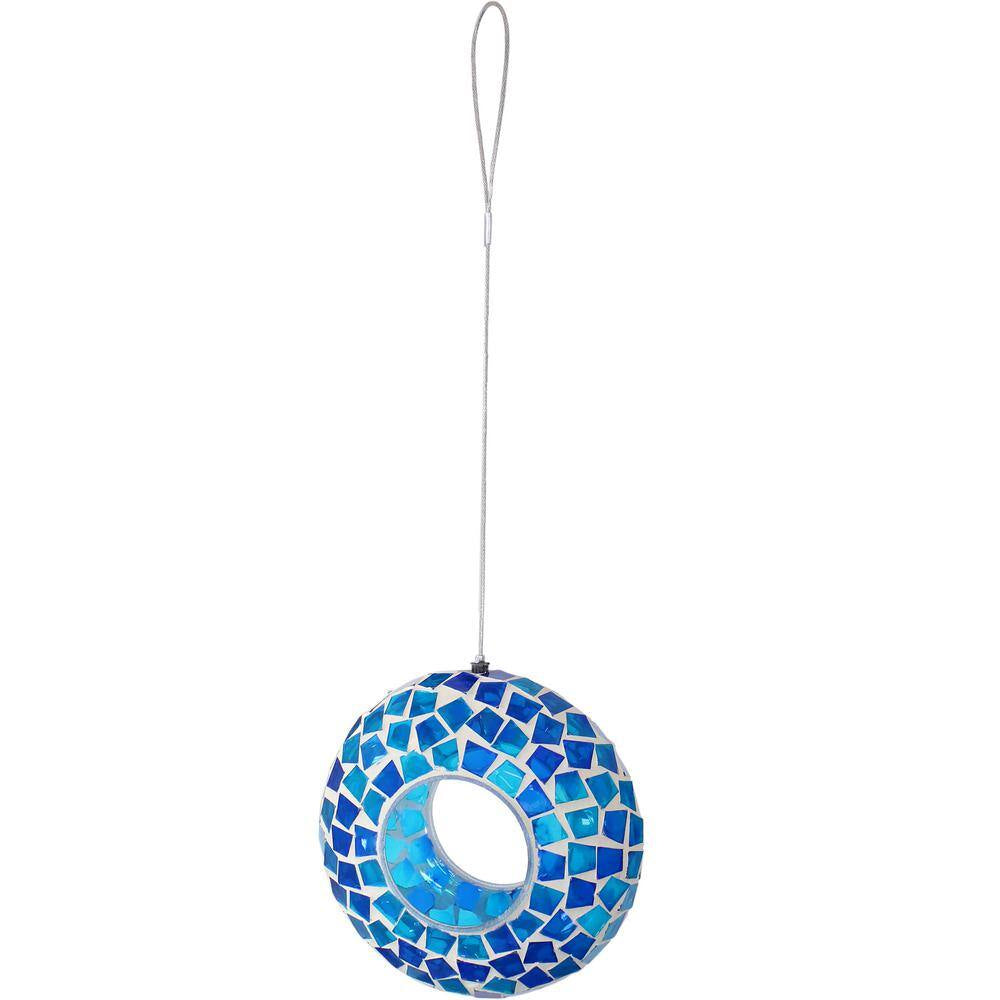 6 In. Blue Mosaic Fly-Through Hanging Outdoor Bird Feeder