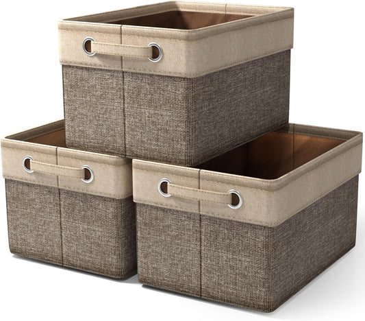 Fabric Storage Cubes 15 Inch - Big Sturdy Collapsible Storage Bins with Dual Handles - Foldable Baskets for Organizing -Decorative Storage Baskets for Shelves | Home & Office Use -3 Pack| Brown