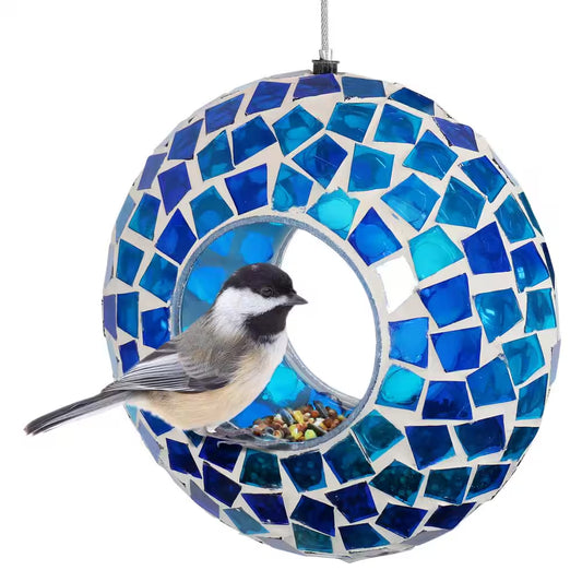 6 In. Blue Mosaic Fly-Through Hanging Outdoor Bird Feeder