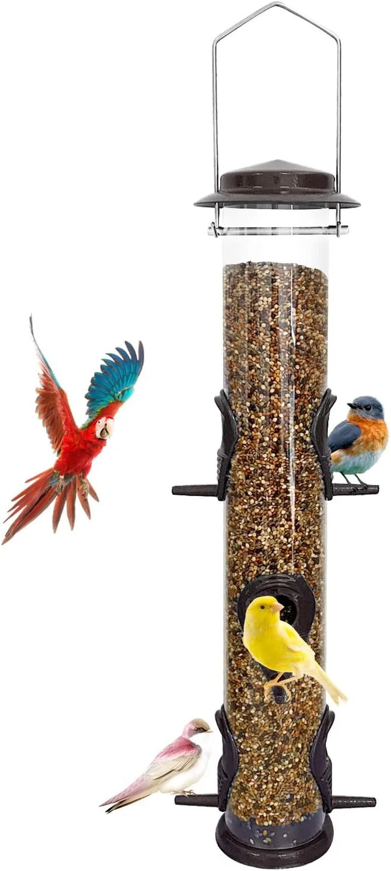 Wild Bird Feeders for Outdoors Hanging, Metal Tube Feeder, 6 Feeding Ports, Coffee - 1 Pack