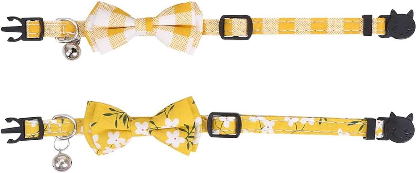 2 Pack/Set Cat Collar Breakaway with Cute Bow Tie and Bell Plaid Flower for Kitty Adjustable Safety