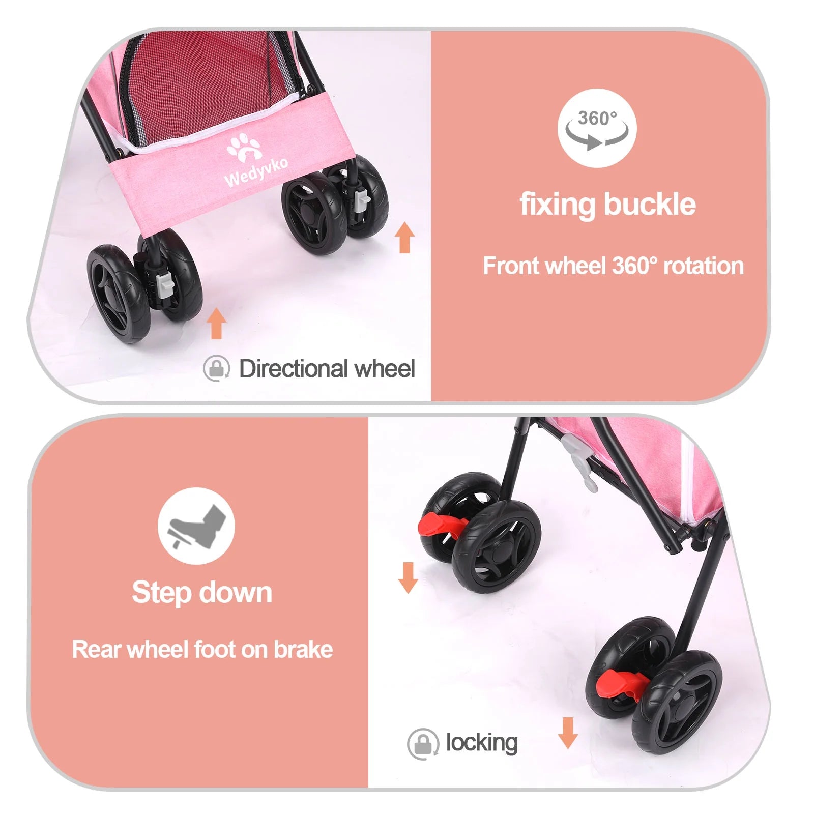 4 Wheel Pet Dog Stroller Foldable Carrier Strolling Cart for Small Medium Dog Cat,Pink