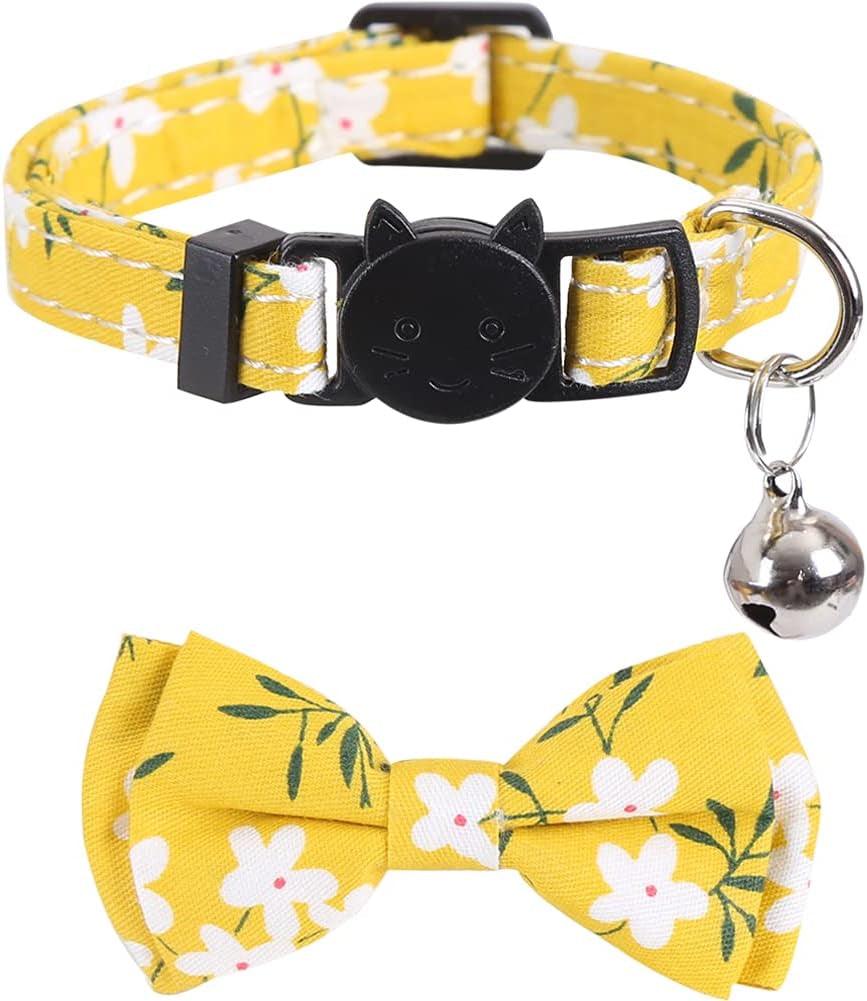 2 Pack/Set Cat Collar Breakaway with Cute Bow Tie and Bell Plaid Flower for Kitty Adjustable Safety