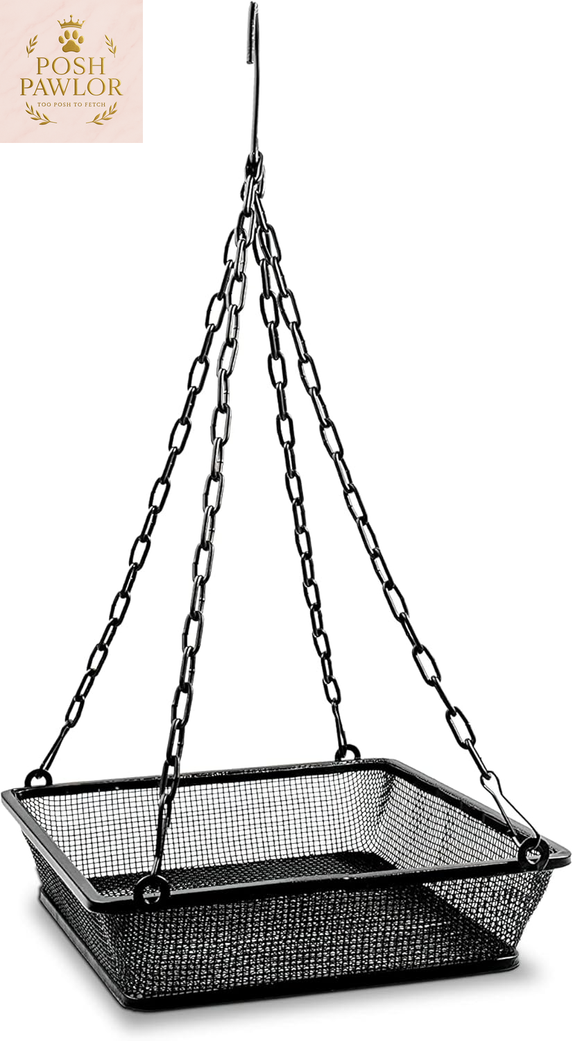Metal Hanging Bird Feeder with Iron Mesh Seed Tray, Black Powder Coated Outdoor Platform Bird Feeders for outside Hanging, Birdfeeders for Outdoors Hanging Garden Patio Deck Yard
