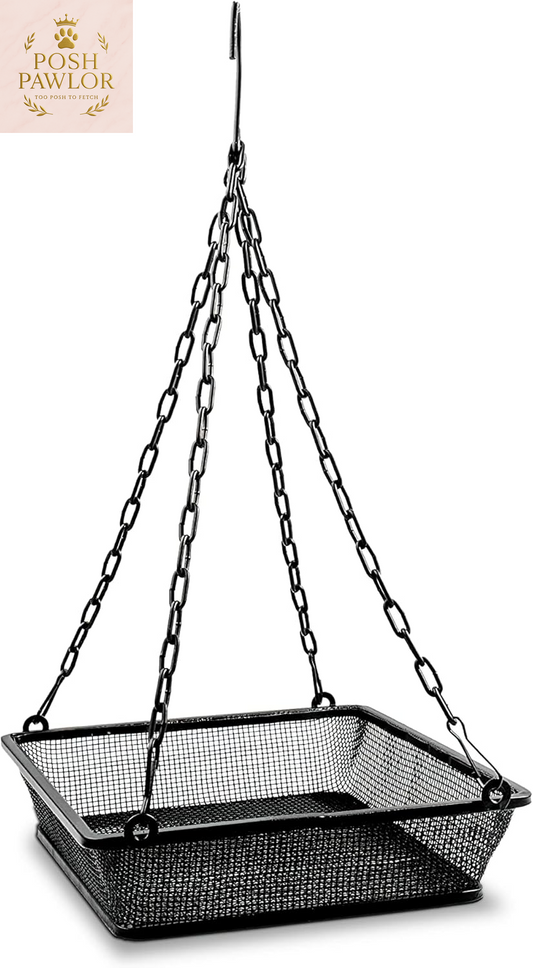 Metal Hanging Bird Feeder with Iron Mesh Seed Tray, Black Powder Coated Outdoor Platform Bird Feeders for outside Hanging, Birdfeeders for Outdoors Hanging Garden Patio Deck Yard