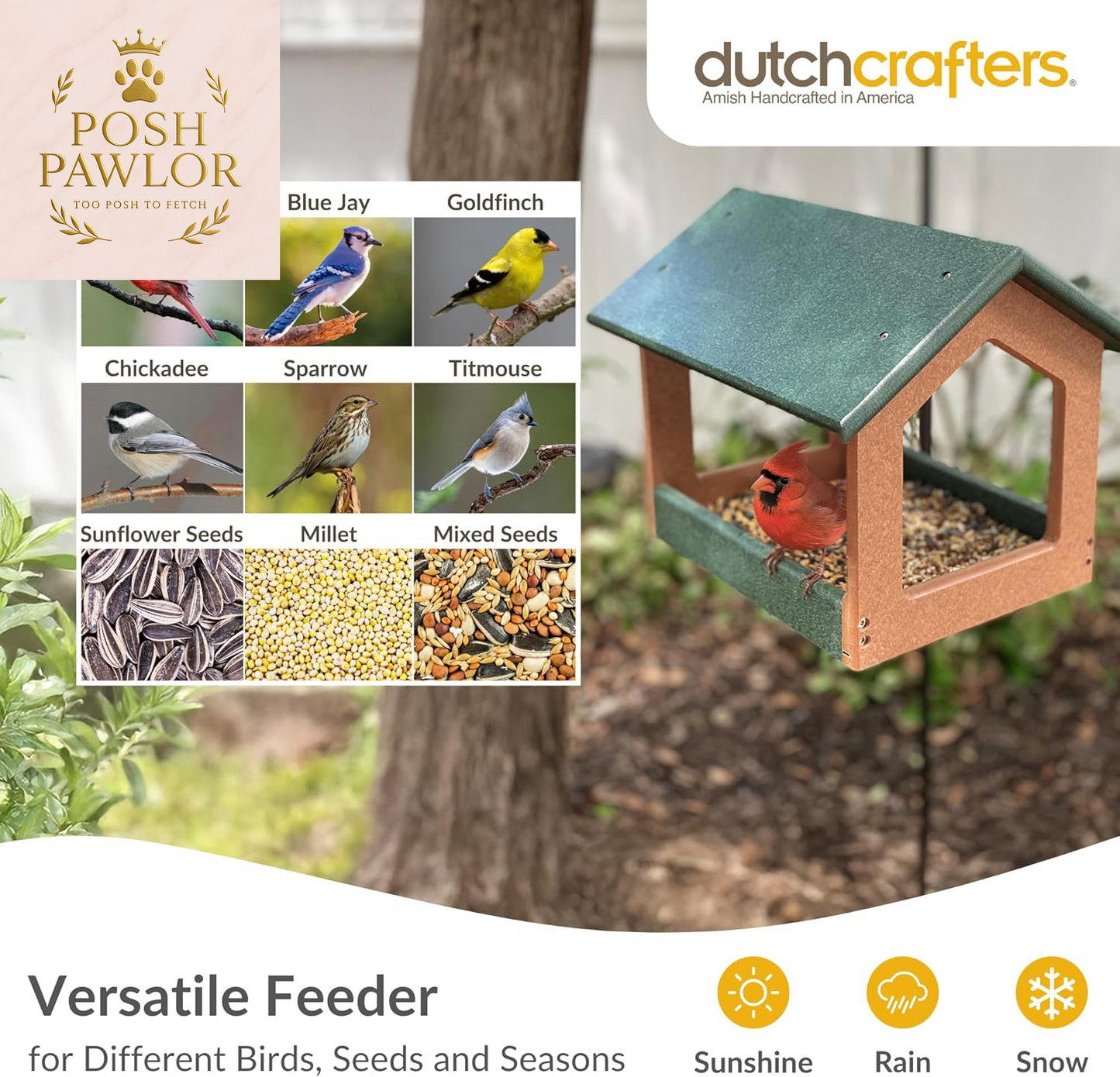 Amish USA Made Recycled Plastic Large Hanging Modern Fly through Covered Roof Open Platform Tray Bird Feeder for Outdoors, Garden, Yard (Turf Green & Bright Cedar)