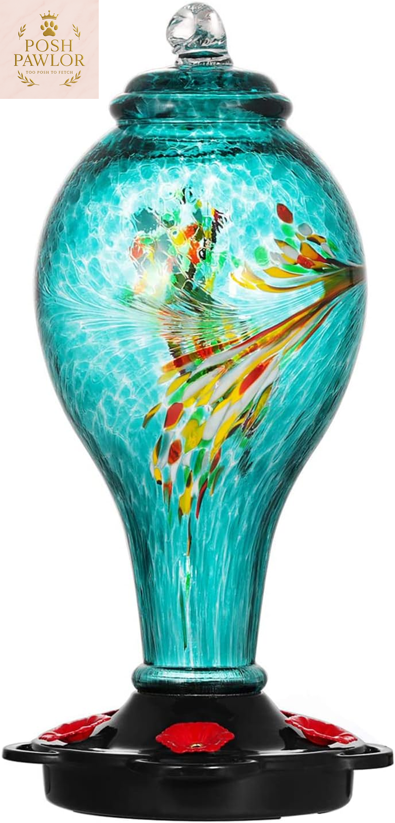 Hummingbird Feeder, Hand Blown Glass Hummingbird Feeder, Never Fade, 36 Fluid Ounces, 5 Feeding Metal Stations, Much Bigger, Garden Backyard Decorative, Containing Ant Moat (Blue)