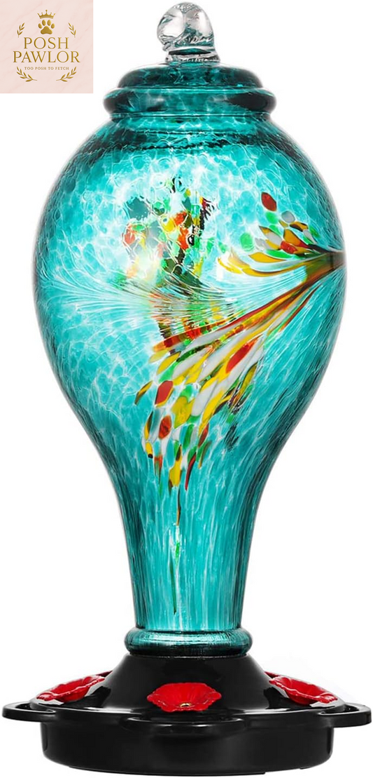 Hummingbird Feeder, Hand Blown Glass Hummingbird Feeder, Never Fade, 36 Fluid Ounces, 5 Feeding Metal Stations, Much Bigger, Garden Backyard Decorative, Containing Ant Moat (Blue)