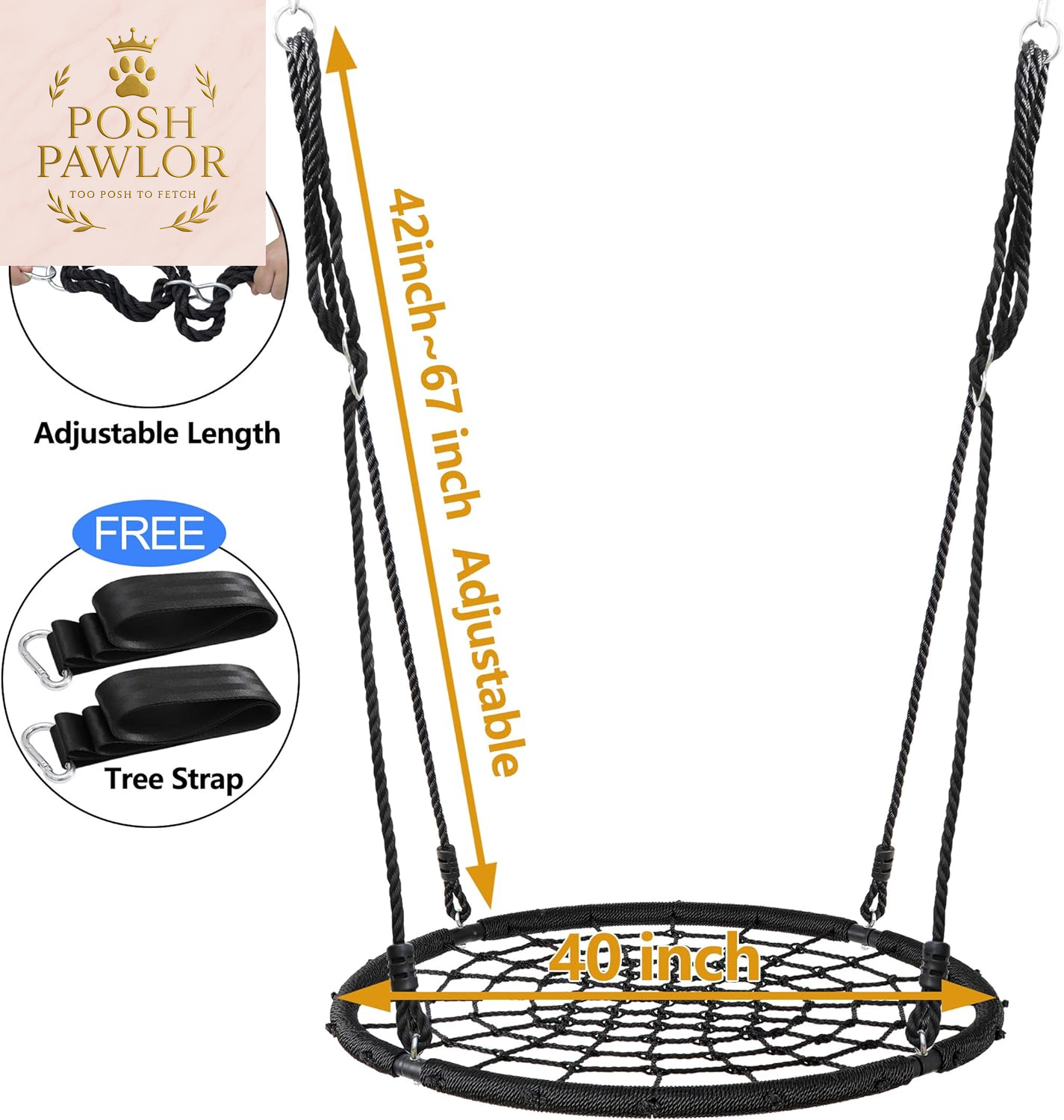 40'' Spider Web Tree Swing round Net Swing Platform Rope Swing Set for Kids Adult, 71" Detachable Nylon Rope with Swivel for Outdoor Backyard, Max 660 Lbs Extra Safe Steel Frame, Black