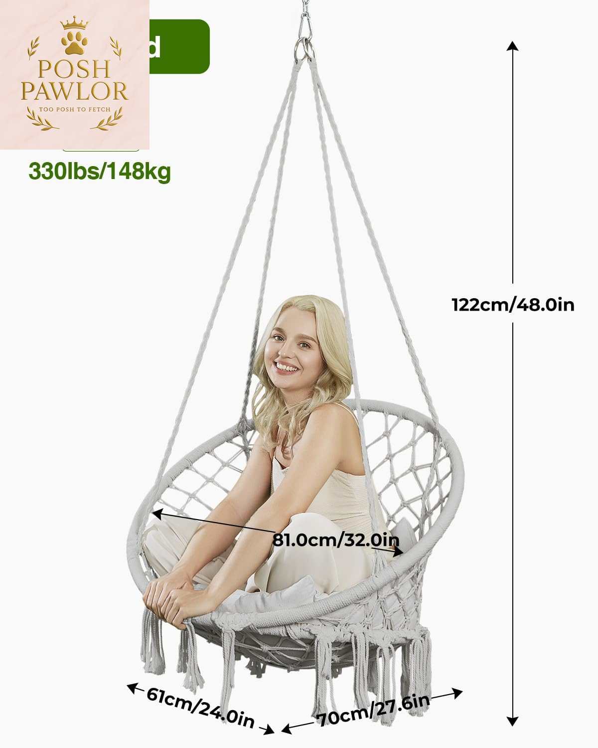 Hammock Chair, Macrame Swing Chair with Comfy Cushion, Boho Hanging Chair for Outdoor & Indoor, Perfect for Bedroom, Patio, Balcony, Hold up to 330Lbs, Grey