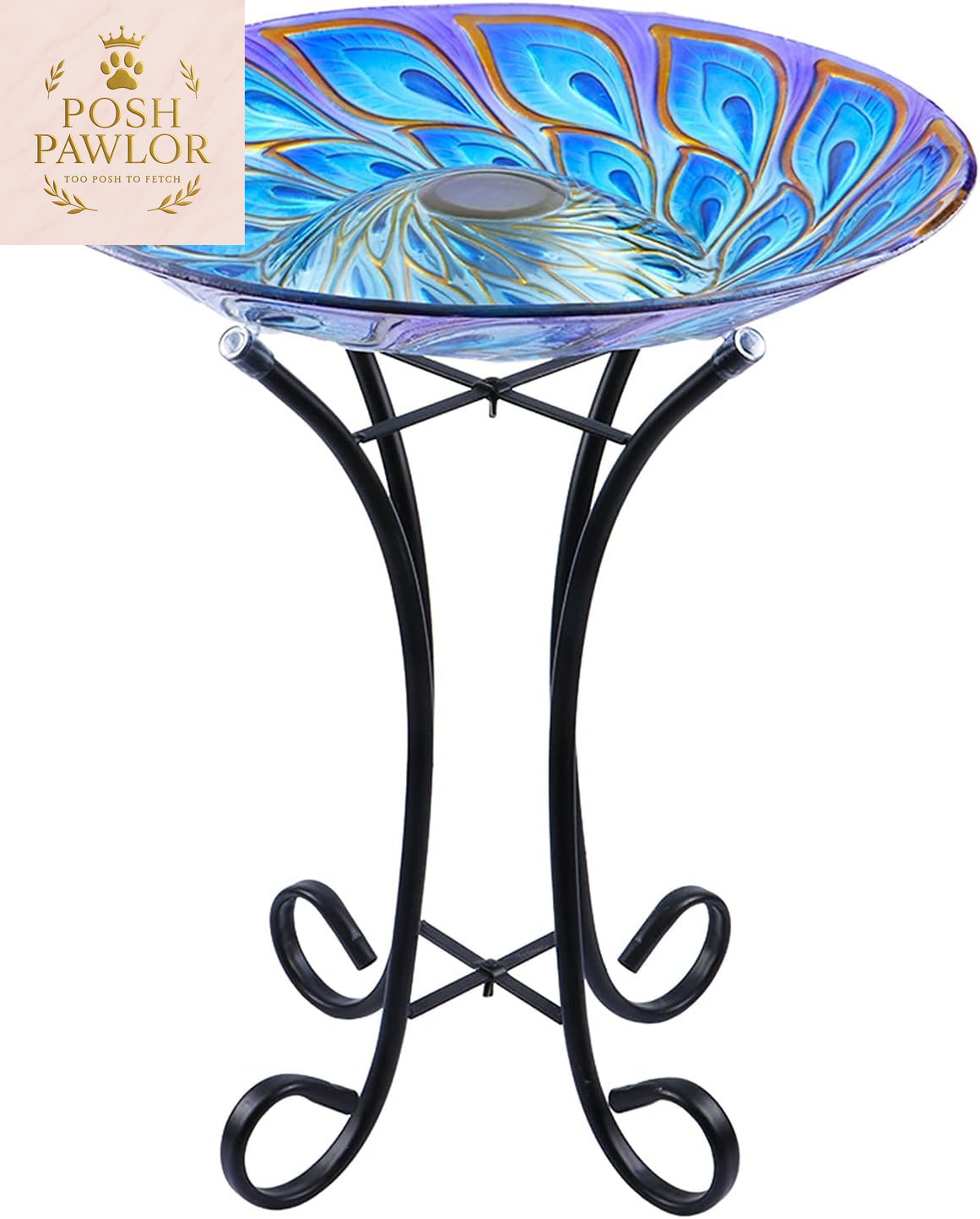 Outdoor Glass Bird Bath Solar Birdbaths with Metal Stand for Lawn Yard Garden Peacock Decor,18” Dia 21.65” Height