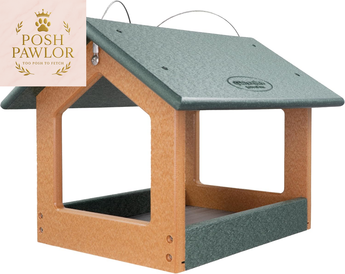 Amish USA Made Recycled Plastic Large Hanging Modern Fly through Covered Roof Open Platform Tray Bird Feeder for Outdoors, Garden, Yard (Turf Green & Bright Cedar)