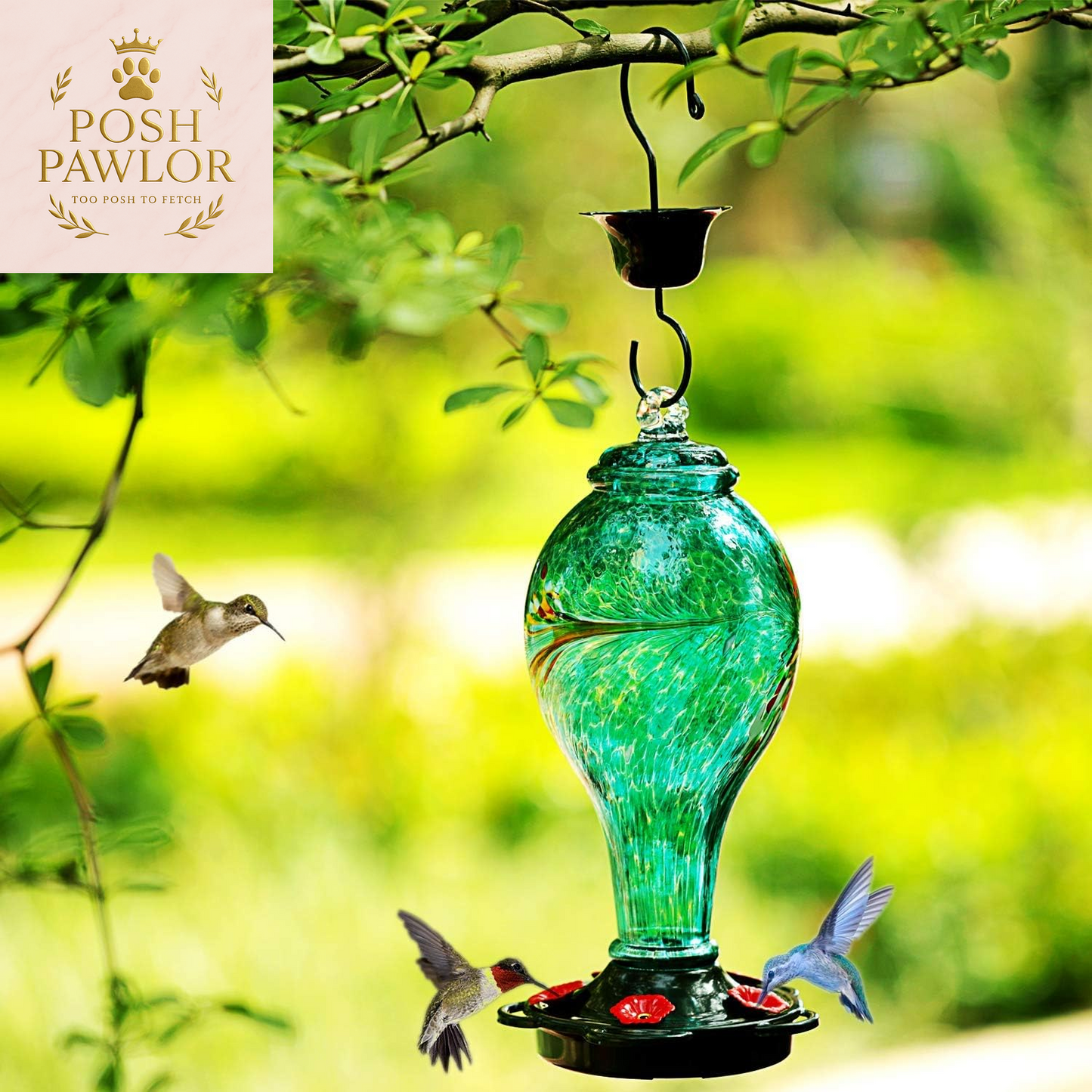 Hummingbird Feeder, Hand Blown Glass Hummingbird Feeder, Never Fade, 36 Fluid Ounces, 5 Feeding Metal Stations, Much Bigger, Garden Backyard Decorative, Containing Ant Moat (Blue)