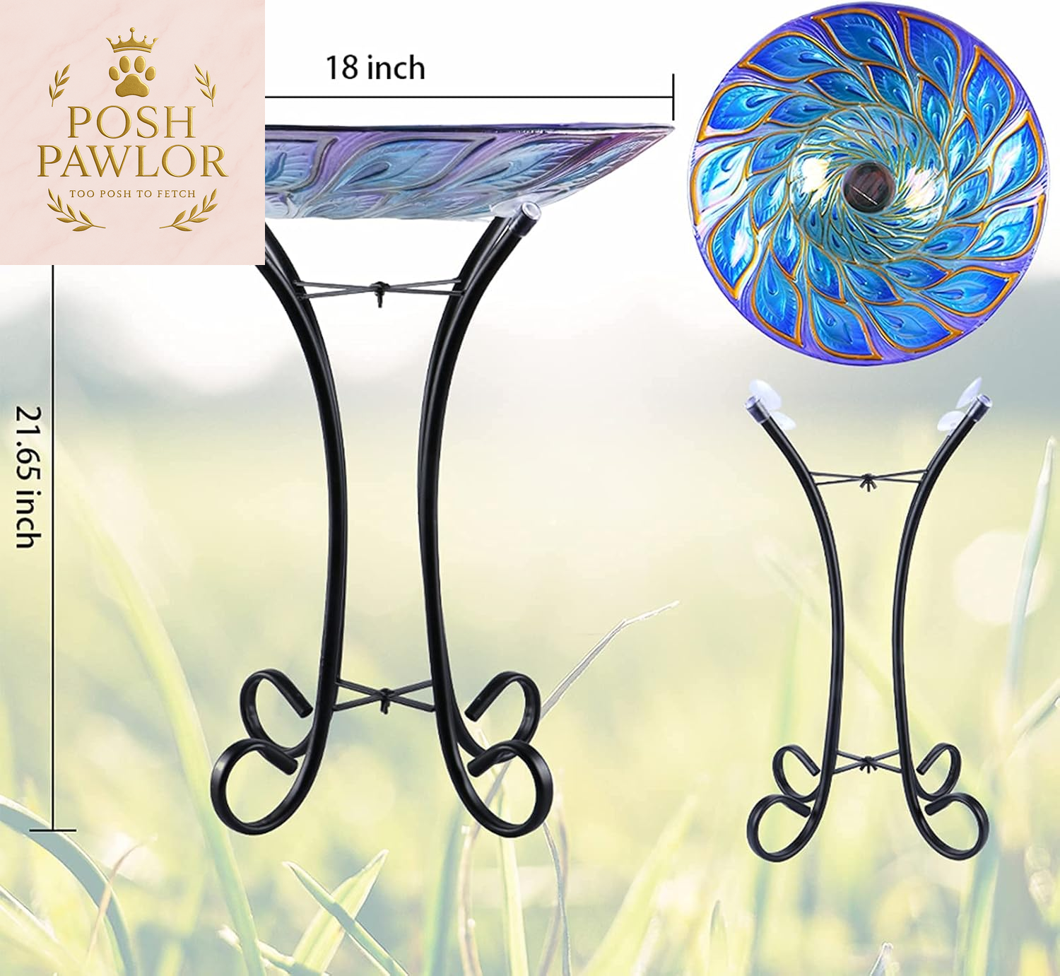 Outdoor Glass Bird Bath Solar Birdbaths with Metal Stand for Lawn Yard Garden Peacock Decor,18” Dia 21.65” Height