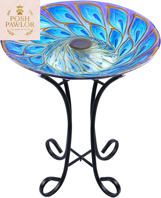 Outdoor Glass Bird Bath Solar Birdbaths with Metal Stand for Lawn Yard Garden Peacock Decor,18” Dia 21.65” Height