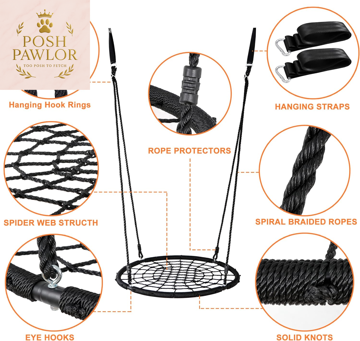 40'' Spider Web Tree Swing round Net Swing Platform Rope Swing Set for Kids Adult, 71" Detachable Nylon Rope with Swivel for Outdoor Backyard, Max 660 Lbs Extra Safe Steel Frame, Black