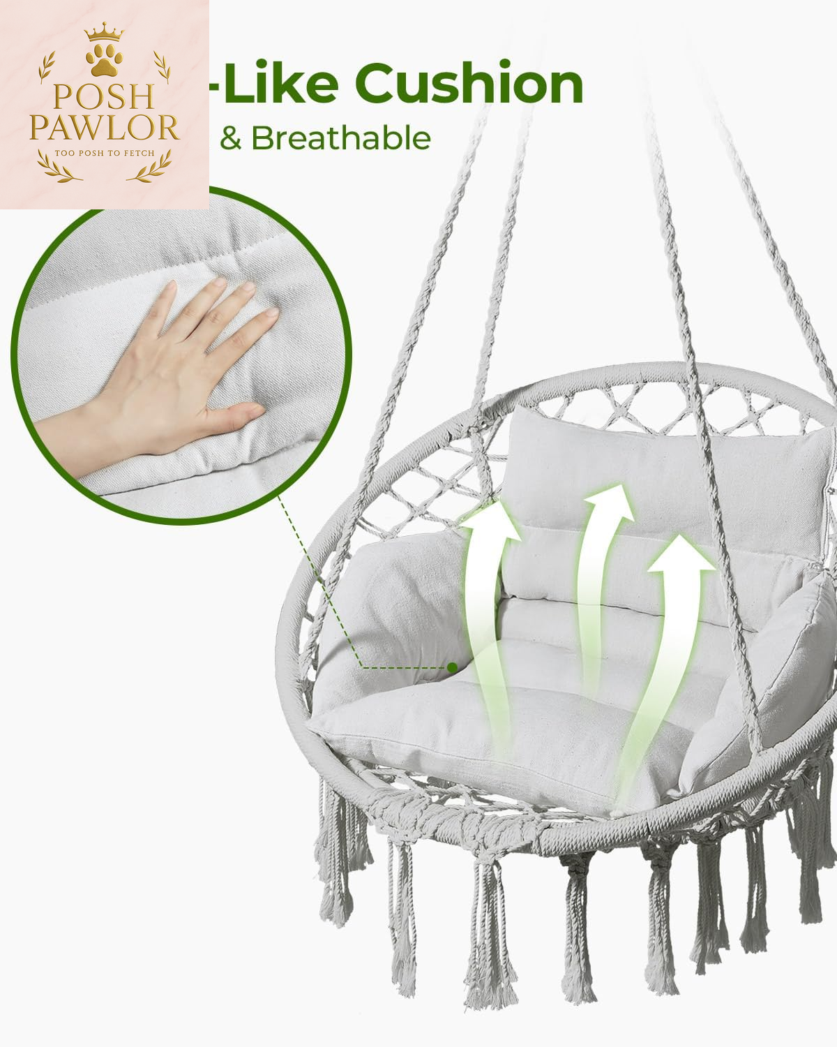 Hammock Chair, Macrame Swing Chair with Comfy Cushion, Boho Hanging Chair for Outdoor & Indoor, Perfect for Bedroom, Patio, Balcony, Hold up to 330Lbs, Grey
