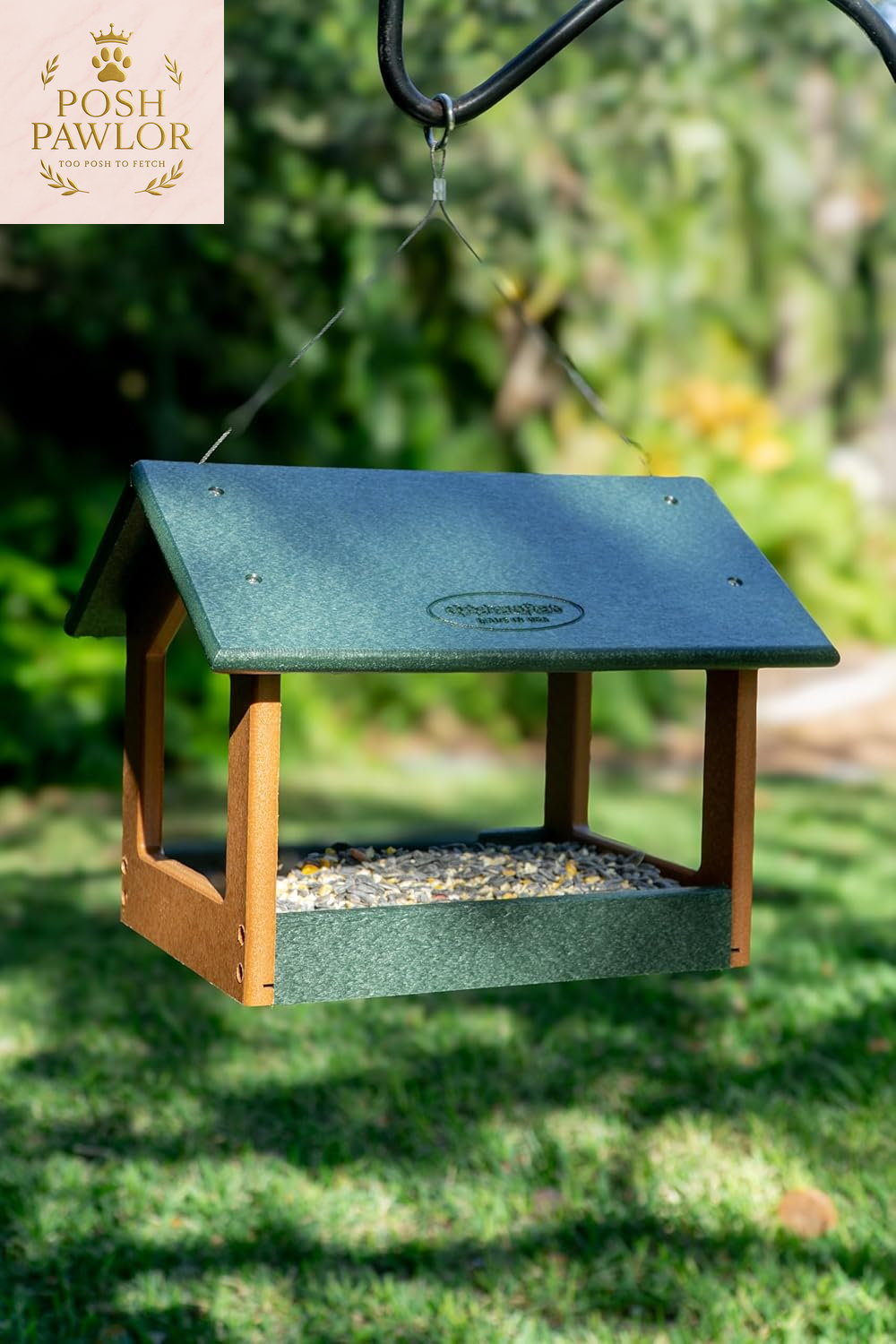 Amish USA Made Recycled Plastic Large Hanging Modern Fly through Covered Roof Open Platform Tray Bird Feeder for Outdoors, Garden, Yard (Turf Green & Bright Cedar)
